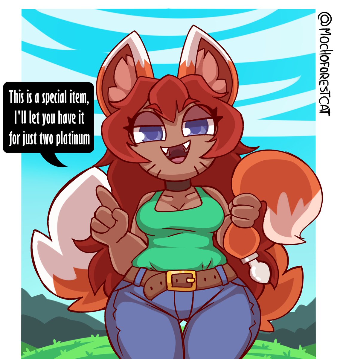 MochoForestCat's tweet photo. A drawing of the zoologist from terraria, selling a funny item https://t.co/dahJu7WqZA