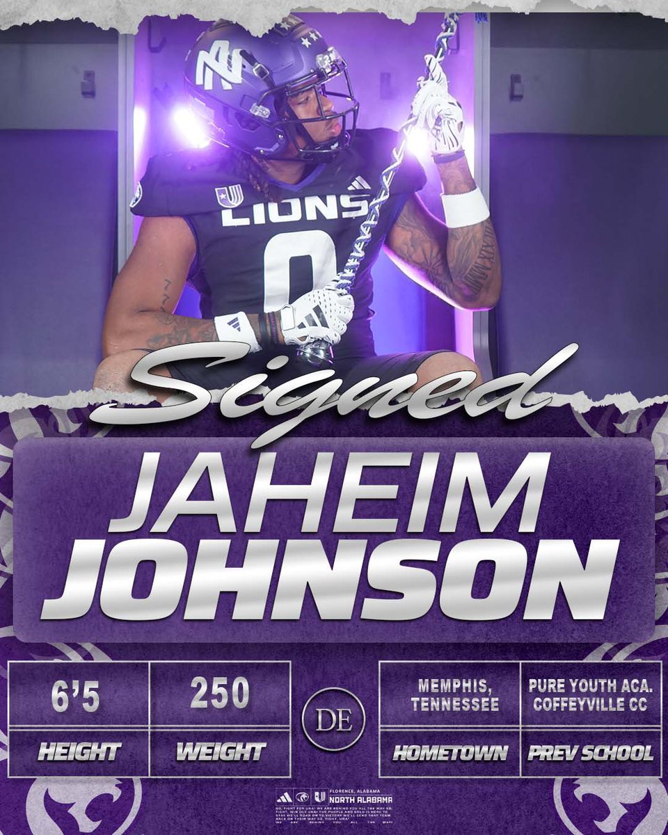 UNAFootball's tweet photo. Jaheim Johnson is in #ThePrideof26 ✍️

🏈 DE
📍 Memphis, TN
🏫 PURE Academy
✌️ Coffeyville CC

#NSD26 | #RoarLions 🦁 https://t.co/hp9GcpaV46