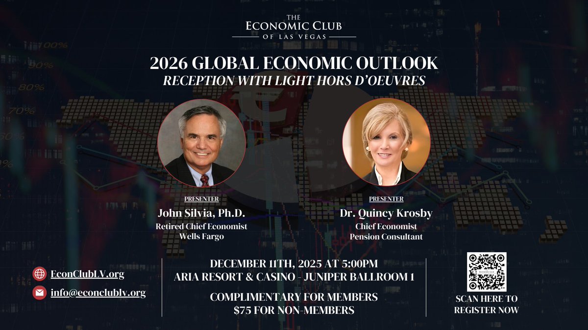 TOMORROW! Join us on Dec 11th, 2025, 5:00PM at ARIA Resort &amp; Casino as we welcome <a href="/JohnESilviaPhD/">John E Silvia</a> and Dr. Quincy Krosby to discuss real estate, domestic, and international economic topics during our reception event. Register now at bit.ly/3JM1aib! #EconClubOfLV #LasVegas