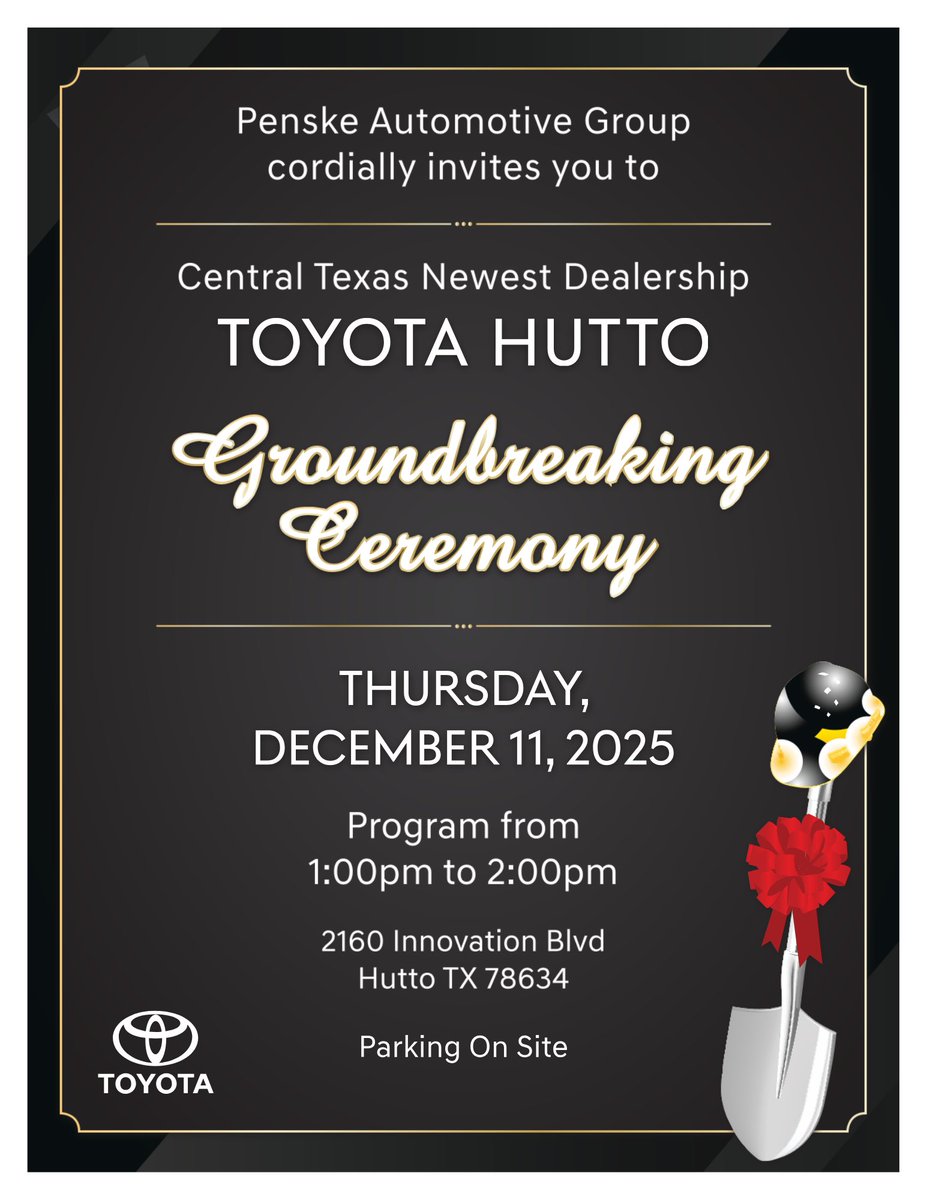 Join us for an exciting milestone!

Be part of history at the Toyota Hutto groundbreaking ceremony! Celebrate with us as we welcome Central Texas’ newest dealership. See you on Dec 11, 1-2 PM! 🏆

#ToyotaHutto #Groundbreaking #CentralTexas