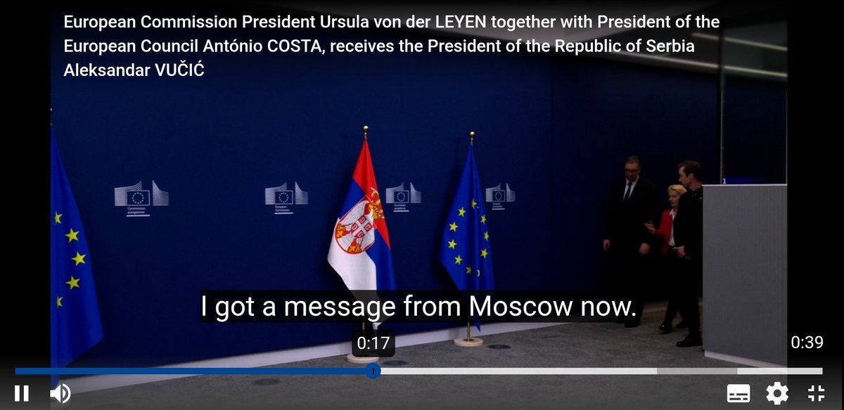 Interesting moment this evening in Brussels. Serbian president <a href="/avucic/">Александар Вучић</a> arrived at the <a href="/EU_Commission/">European Commission</a> and told <a href="/vonderleyen/">Ursula von der Leyen</a> and <a href="/eucopresident/">António Costa</a> that he has a message from Moscow