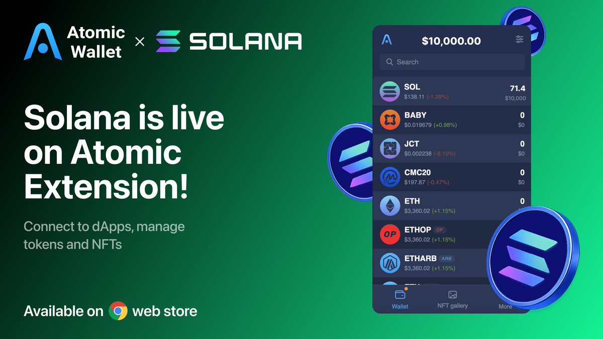 Solana is live on Atomic Wallet Extension ⚡️ Connect to dApps, manage  tokens and NFTs on @solana in one place Download 👉 https://t.co/nM7C0r7mCG