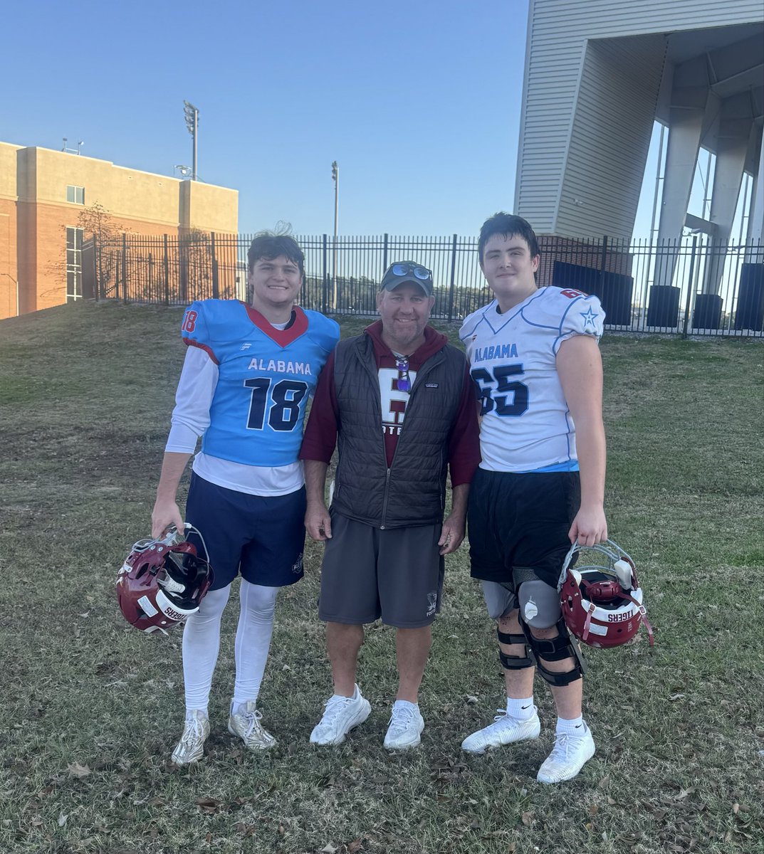 HartselleFball's tweet photo. The Hartselle Tigers are well represented at the AHSAA All-Star Game this week! Athlete Cole Miles, Defensive Coordinator Coach Bert Newton and Offensive Lineman Nolan Carroll. #OwnIt https://t.co/rOJqzT8ZX0