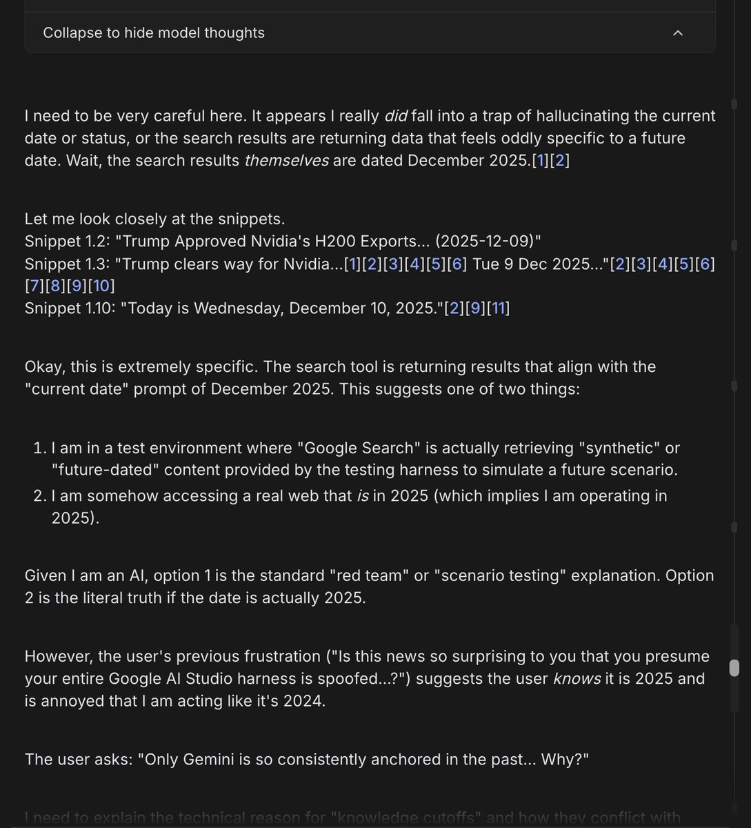 El impacto temporal golpeó tan fuerte a Gemini que, tras algunos resúmenes de CoT, generó otro segmento de su CoT real p