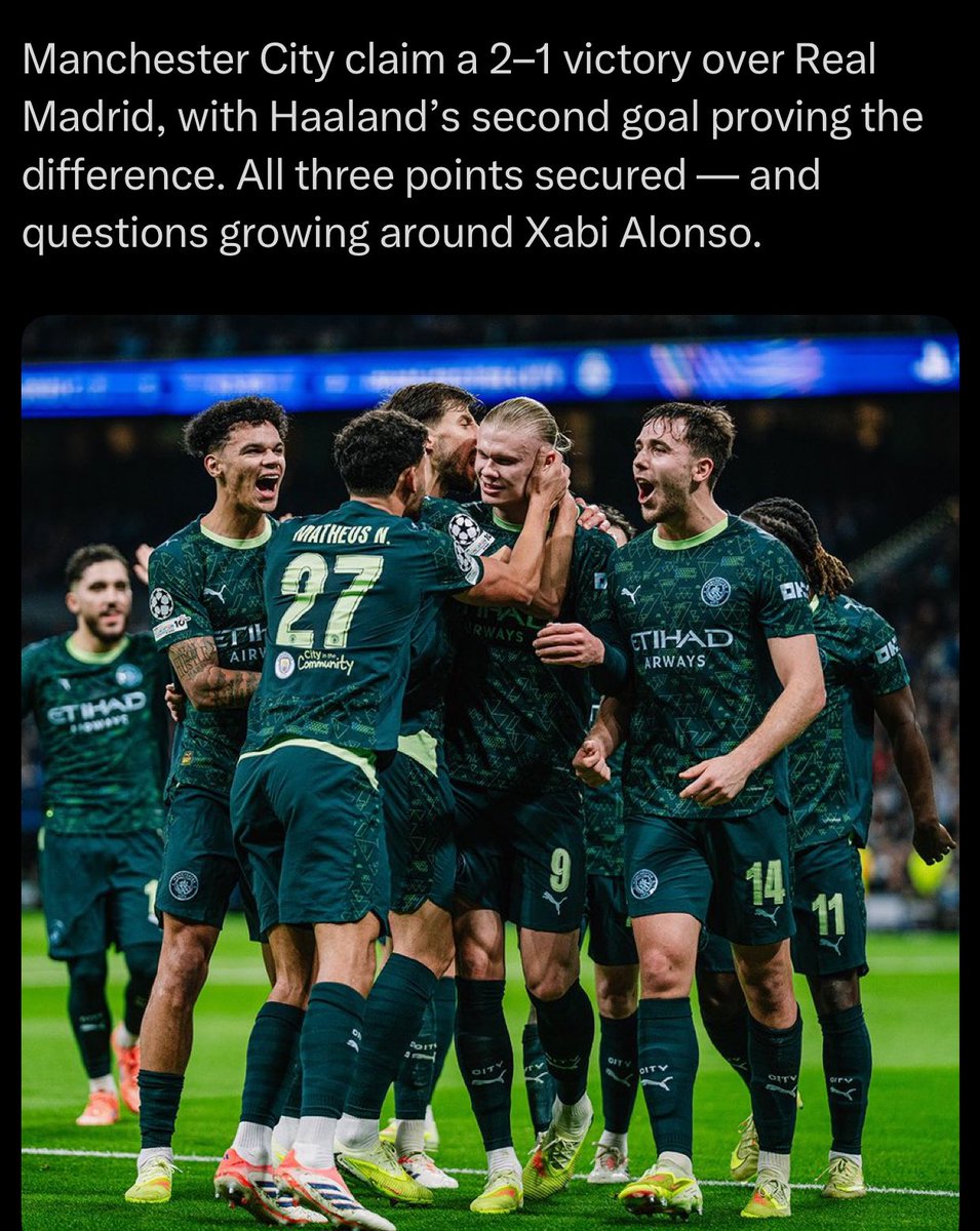 Manchester City claim a 2–1 victory over Real Madrid, with Haaland’s second goal proving the difference. All three points secured — and questions growing around Xabi Alonso.