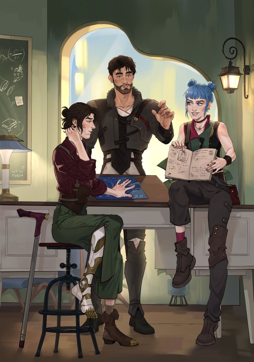 so i have this #jayvik i made back at summer. It's a *good au* where they live in Zaun and run a prosthetic workshop together. Powder is their apprentice. She and Ekko help here and there and jayviks help them to get to the academy 
👇🏻