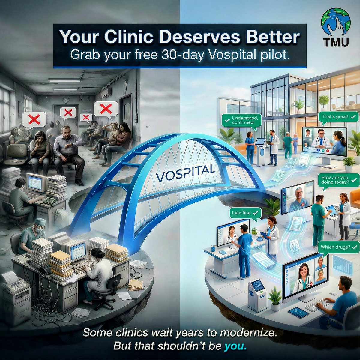 Healthcare professionals: Your clinic deserves better than broken virtual care.

Act fast: Apply for a free 1-Month Vospital pilot for clinics &amp; health programs. No credit card required.

And here's why you should consider using Vospital for virtual care:

i. Remote consults with