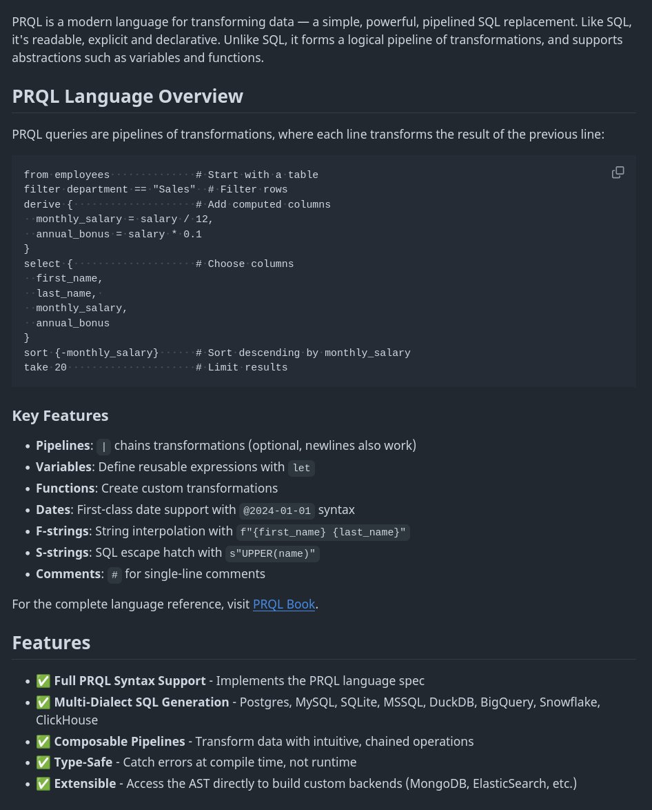 golangch's tweet image. A Go implementation of PRQL (Pipelined Relational Query Language) — a modern, composable query language that compiles to SQL
#golang

github.com/maxpert/gophrql
