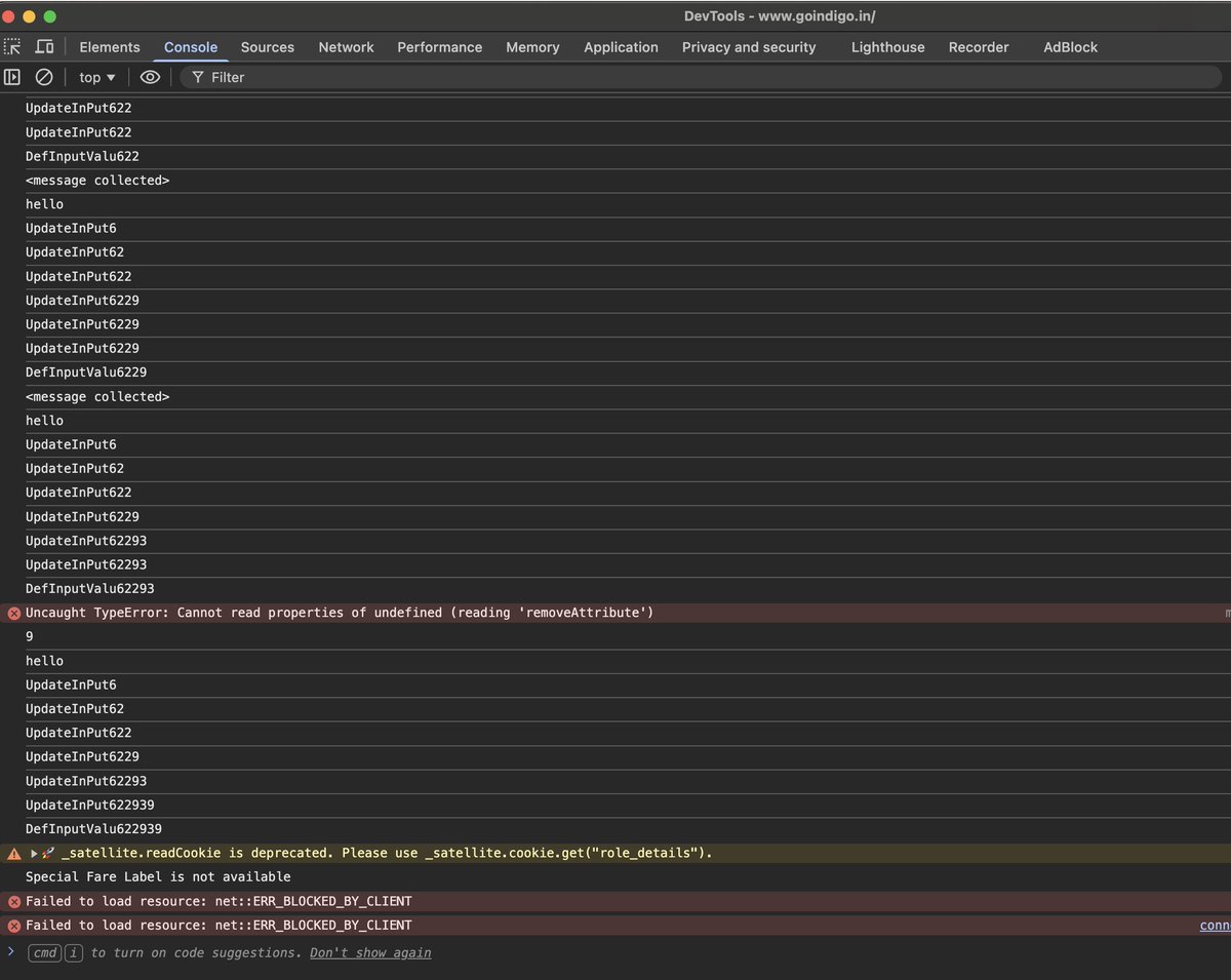 's tweet image. The Indigo.in production website console logs reflect the quality of our software engineers and vendors. 😱🫣🤯 #Indigo #SoftwareDevelopment #India