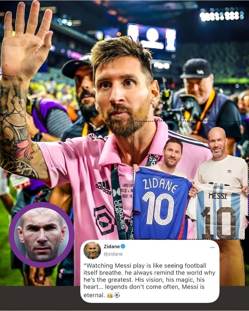 🚨📲Zidane talking about Messi“Watching Messi play is like seeing football itself breathe. he always remind the world why he’s the greatest. His vision, his magic, his heart… legends don’t come often, Messi is eternal. 👑⚽🐐