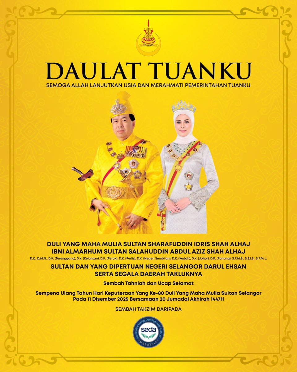 DIRGAHAYU TUANKU

Seluruh warga SEDA Malaysia merafak sembah ucapan setinggi-tinggi tahniah serta ucap selamat sempena Ulang Tahun Hari Keputeraan ke-80 Kebawah Duli Yang Maha Mulia Sultan Selangor, Sultan Sharafuddin Idris Shah Alhaj Ibni Almarhum Sultan Salahuddin Abdul Aziz