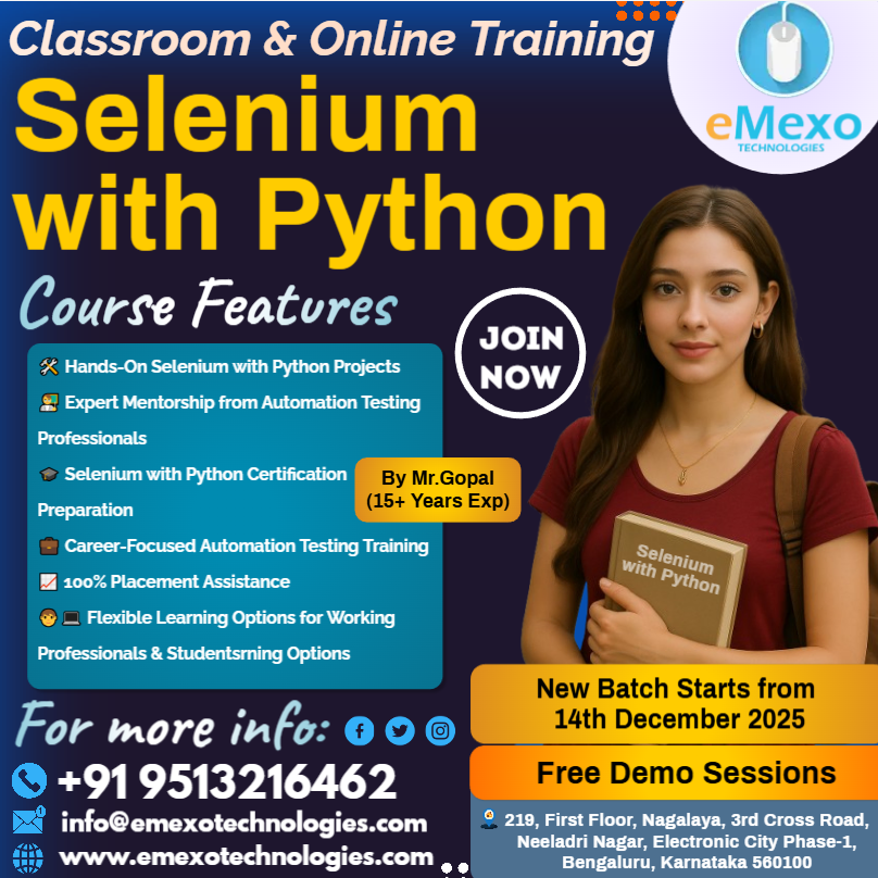 eMexo_Tech_SEO's tweet image. Selenium with Python Course in Electronic City, Bangalore💻– eMexo Technologies!
Calling All Future Automation Test Engineers! @everyone @highlight @followers
📞Call: +91 9513216462
📧Email: info@emexotechnologies.com
🔗Course Detail: emexotechnologies.com/courses/seleni…
🔖#SeleniumWithPython