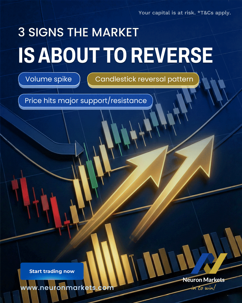 neuron_markets's tweet photo. Here are the top 3 reversal signs institutions watch:
✨ Key support/resistance touch
✨ Clear reversal candle
✨ Sudden rise in volume
#ForexTrading #ForexMarket #MarketReversal #TradingPsychology #SmartMoney #PriceActionTrading #ForexLearn #NeuronMarkets #TradeSmart https://t.co/GjgRT1GXRg
