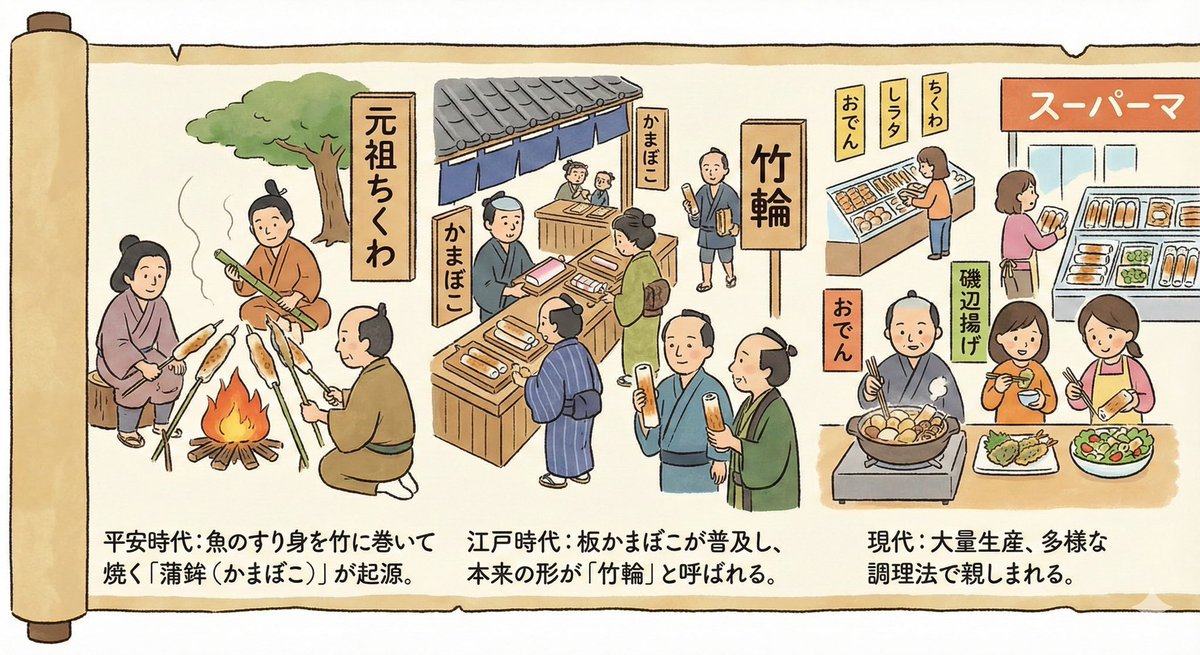 isekane1830's tweet photo. 竹輪の歴史。
『かまぼこ』は魚肉の練り物全体の総称なんです。
一般的に出回ってる、みんなが想像するかまぼこは、板付きの蒸しかまぼこ。
だから、竹輪もかまぼこなんです！
#魚肉たんぱく https://t.co/6D0bT0Bibr