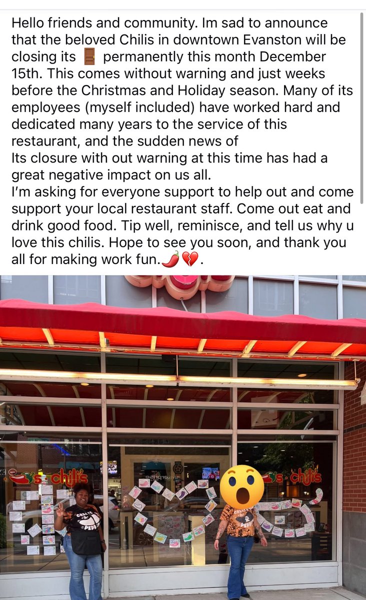 turntineforwhat's tweet photo. @Chilis don't come up here tryna get free promo either, unless you're gonna continue paying your downtown Evanston employees through the holidays considering they're losing their jobs with zero notice 10 days before Christmas https://t.co/LjO6T72L0s