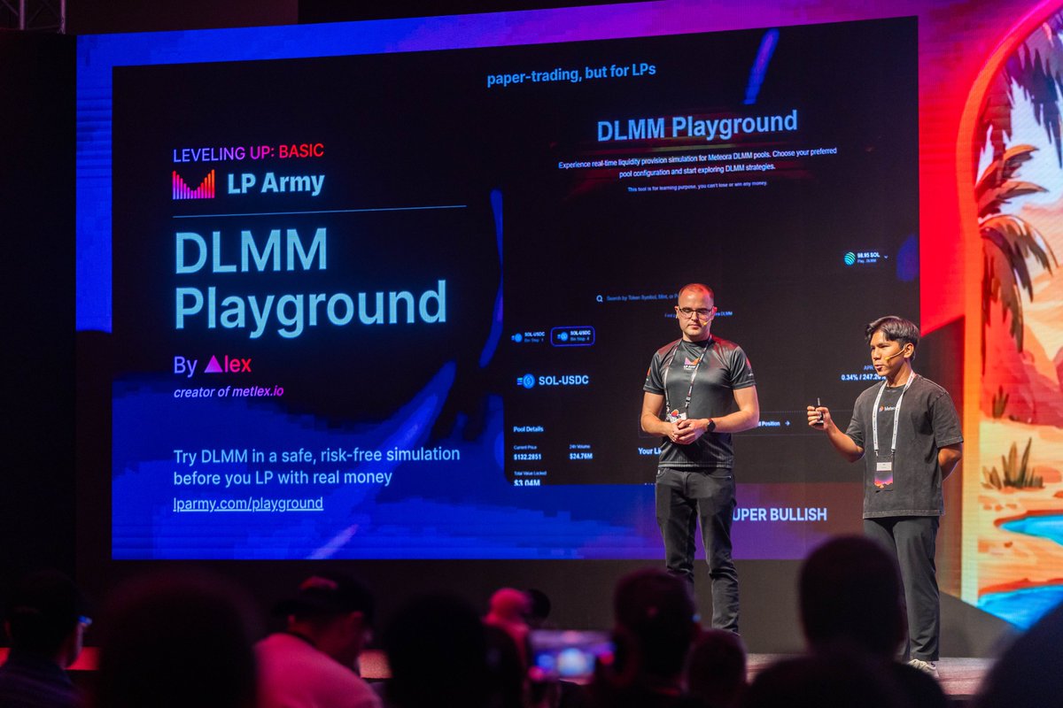 MeteoraAG's tweet photo. The DLMM Playground, a community simulator where anyone can practice LPing, test scenarios, and level up without risking capital, was introduced. https://t.co/KgWfE0ZKdd