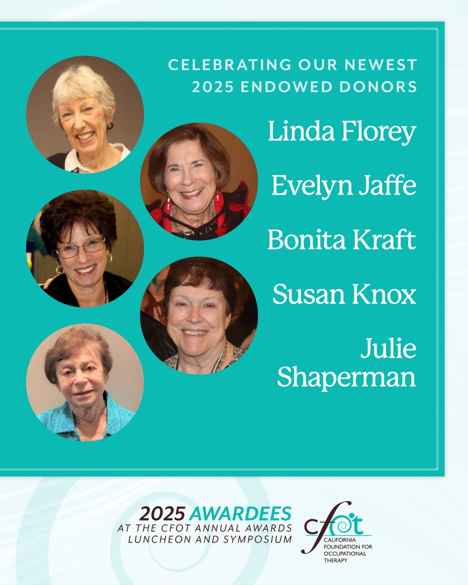 ca_fot's tweet photo. 2025 Endowed Donors—five incredible individuals! 

Their contributions make it possible for CFOT to empower students, practitioners, and researchers across California.
Thank you, Linda, Evelyn, Bonita, Susan, and Julie, https://t.co/Z1YnS13iEV