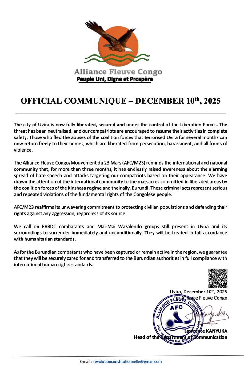 🛑 #UVIRA UPDATES :

The official communiqué of the AFC-M23 movement, issued by its spokesperson Lawrence Kanyuka, confirms that Uvira has now been liberated and that control of the area has been fully secured.

<a href="/UKWELITIMES/">UKWELITIMES</a> #UviraNews #UkweliTimesNews