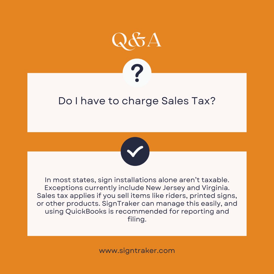 SignTrakerTech's tweet image. Sales tax confusing your business?

Most states don’t tax installations, but extra items like riders or printed signs do.

📷 Simplify your workflow and reduce errors — see how software like SignTraker can help.

#SignTraker #SignInstaller #SignInstallation #SignPosting #SignPost