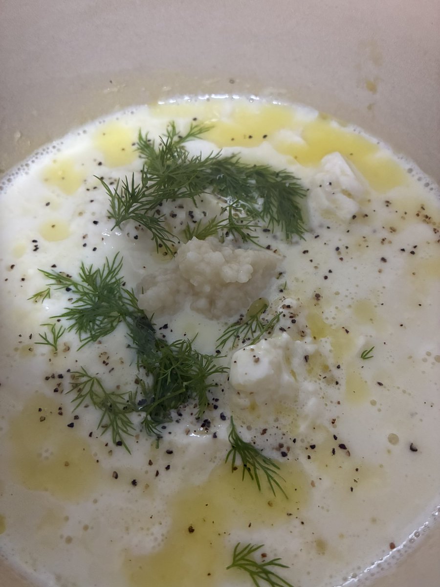 最近の簡単スープ。絹ごし豆腐、豆乳、ペッパー、ディル、オリーブオイルで最後ちょこっと塩麹。豆乳は沸騰直前で火を止める(分離しちゃうから)