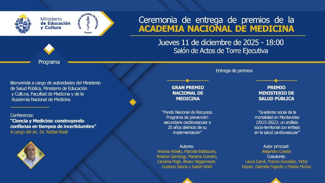 Mañana tendré el honor de recibir, en nombre del equipo técnico de  <a href="/cardiosaluduy/">Comisión Cardiovascular</a> el Premio <a href="/MSPUruguay/">Ministerio de Salud Pública – Uruguay</a> de la Academia Nacional de Medicina.
Se demostró en números que vivir en un barrio pobre de MVD condiciona el riesgo, edad, causa y lugar de fallecimiento.
Mucho por trabajar.