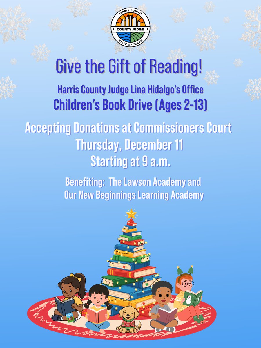 It’s not too late to donate to our book drive! Bring a book for a child aged 2-13 to tomorrow’s Commissioners Court. Donations will go to Our New Beginnings Learning Academy and The Lawson Academy. 

Unable to make it tomorrow? We're accepting donations at our office until Dec