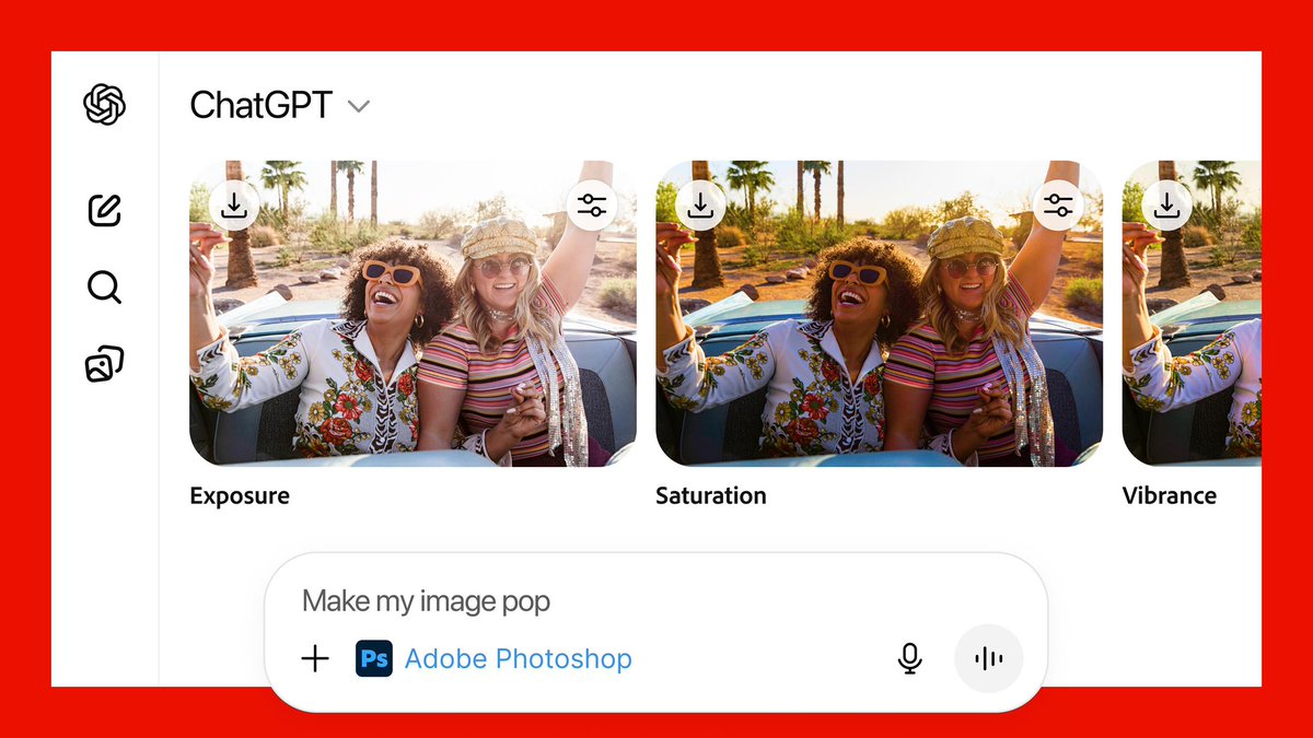 ChatGPTでPhotoshop、Acrobat、Expressが無料で利用可能に ～「Adobe Apps for ChatGPT」提供開始  ChatGPTユーザーは、チャットでAdobeのアプリ名を直接入力するだけで「Adobe Apps for ChatGPT」を起動できる。  https://t.co/iWKpmjoERf