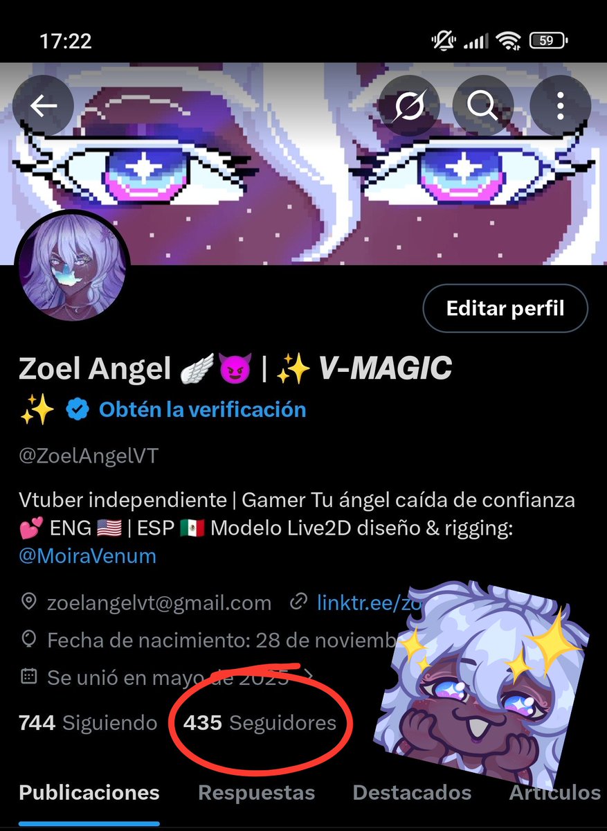Ñiiii estamos a poquitos de los 500 seguidores.

¿Me ayudan a llegar? Les prometo que si me siguen tendrán a su ángel de chocolate que dice puras tonterías muy feliz y agradecida.

Ojalá lo logremos para antes de fin de año 🥹🥹