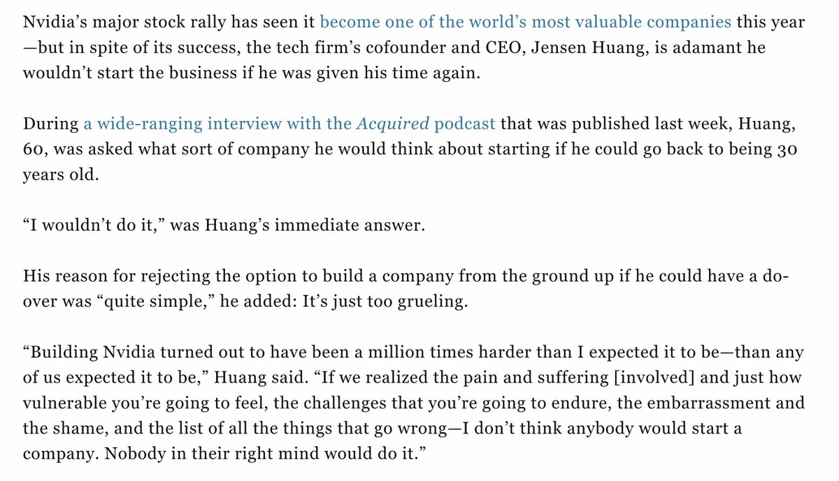 Codie_Sanchez's tweet image. What most don’t realize about entrepreneurship:

• You will lose money
• You will look stupid 
• You will feel dumb
• You will want to quit

But as long as your pain tolerance is high enough, you will make it to the other side. 

Jensen Huang (Nvidia CEO) on if he would start…
