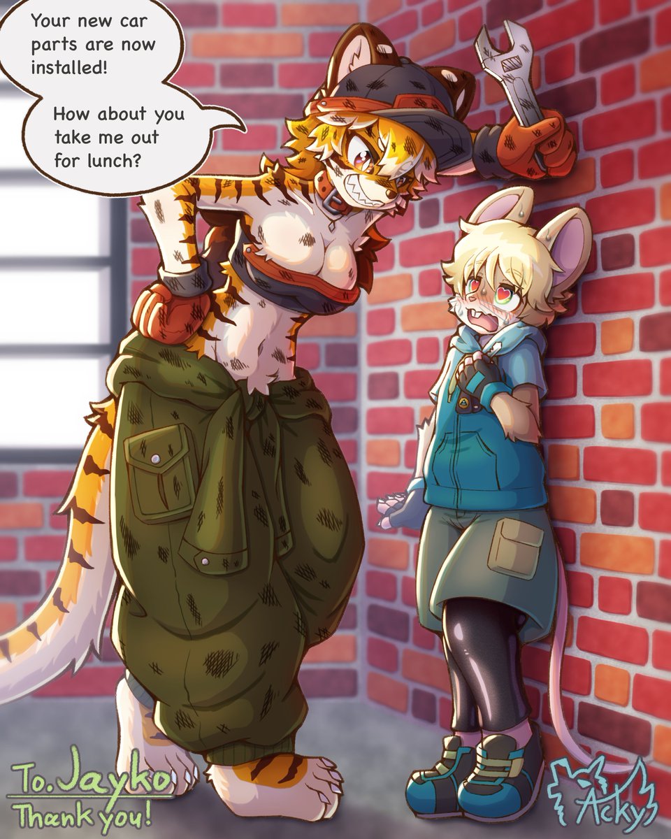 #今年も残りわずかなので今年一番伸びた絵を貼る 

整備士虎お姉さんのアレックス🐯(うちの子)と、ドライバーネズミお兄さんのJayko🐭(よその子)

コミッションイラストで今年一番のいいねを頂きました！ありがとうございました！💖