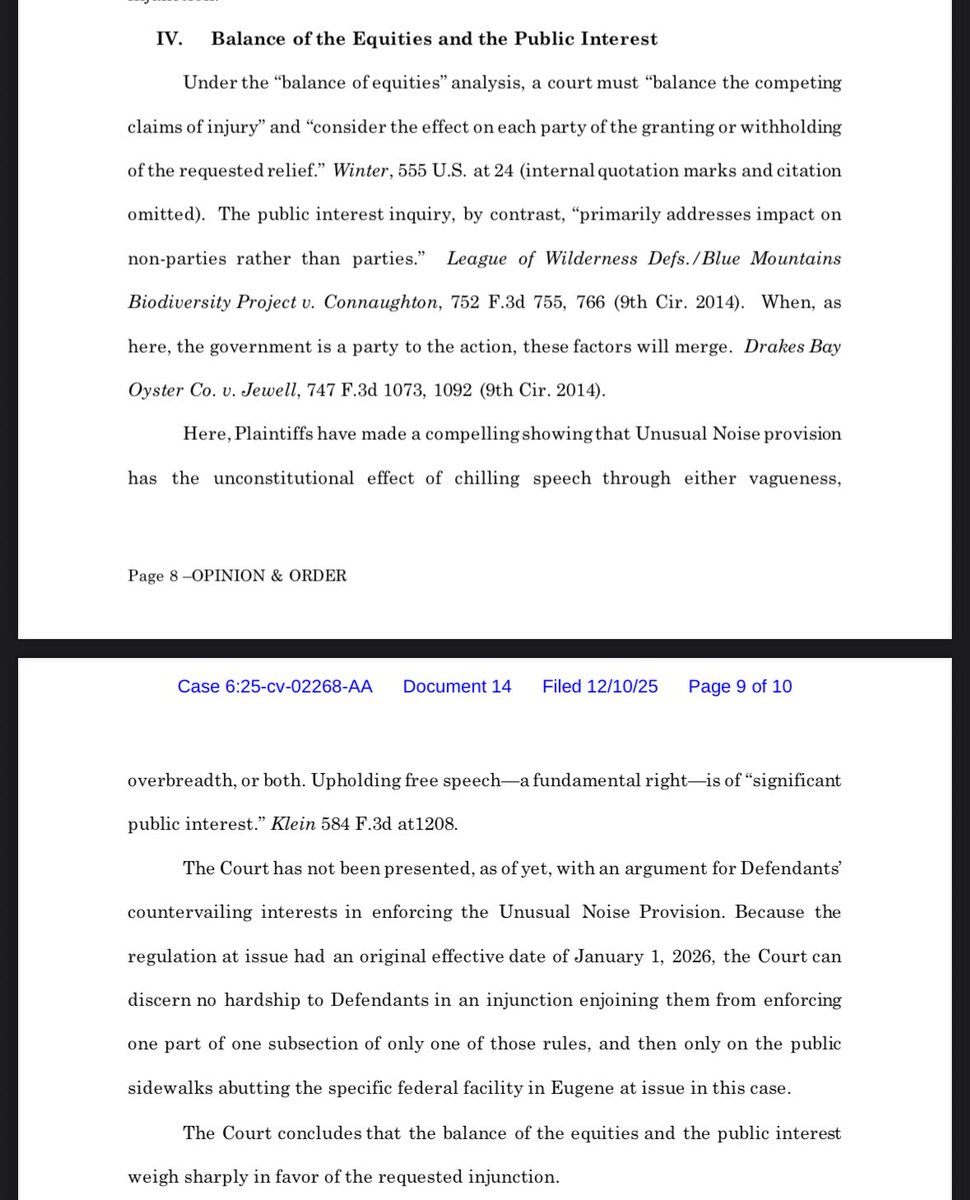 JUST IN: A federal judge has blocked DHS from enforcing a new prohibition on “unusual noise” outside a government building in Oregon, saying it unconstitutionally criminalizes and chills free speech  storage.courtlistener.com/recap/gov.usco…