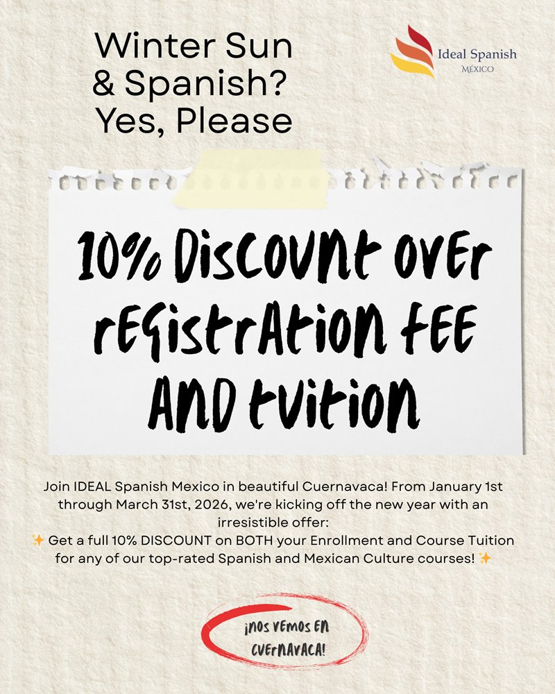 CarlosABCideal's tweet image. ¡Hola 2026! Master Spanish in the City of Eternal Spring and Save Big!
Get a full 10% DISCOUNT on BOTH your Enrollment and Course Tuition!

Visit our Blog:
idealspanishmexico.com/hola-2026-mast…
#idealspanishmexico #WinterDiscounts #sunnywinter #learnspanish