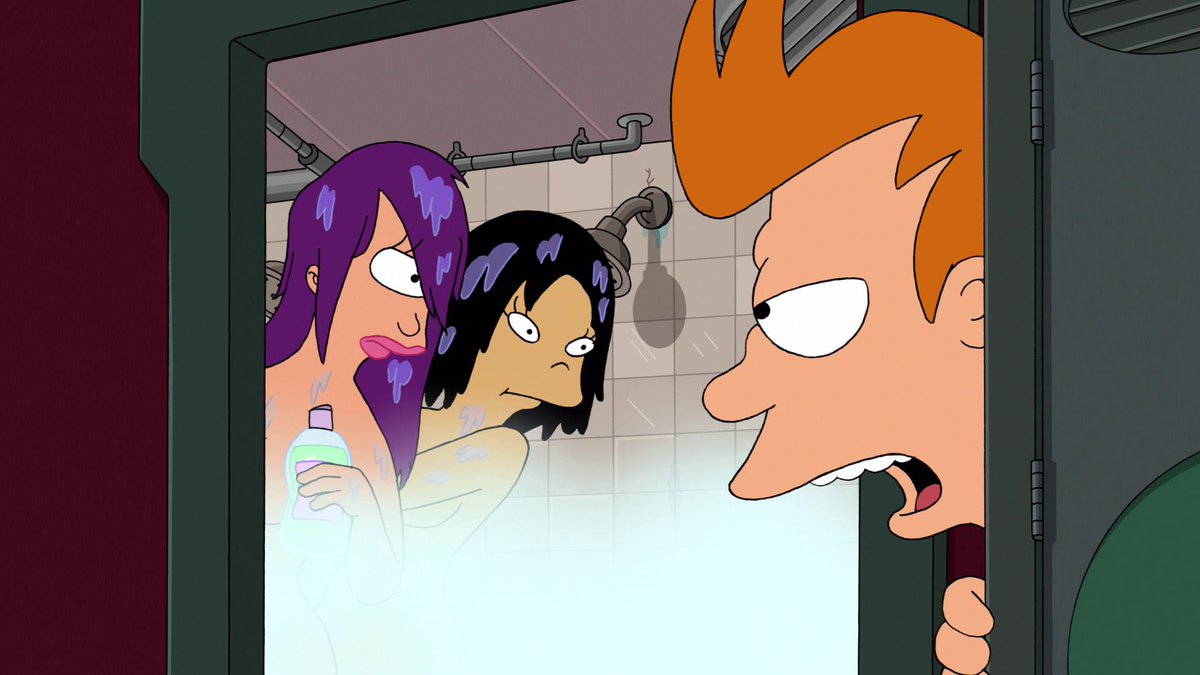 Fry, could you come in here and help me rub on this new scented body oil?

In a second. I'm eavesdropping.

Please, Fry? Leela punishes me when I don't use enough.

I said not now!

#Futurama
