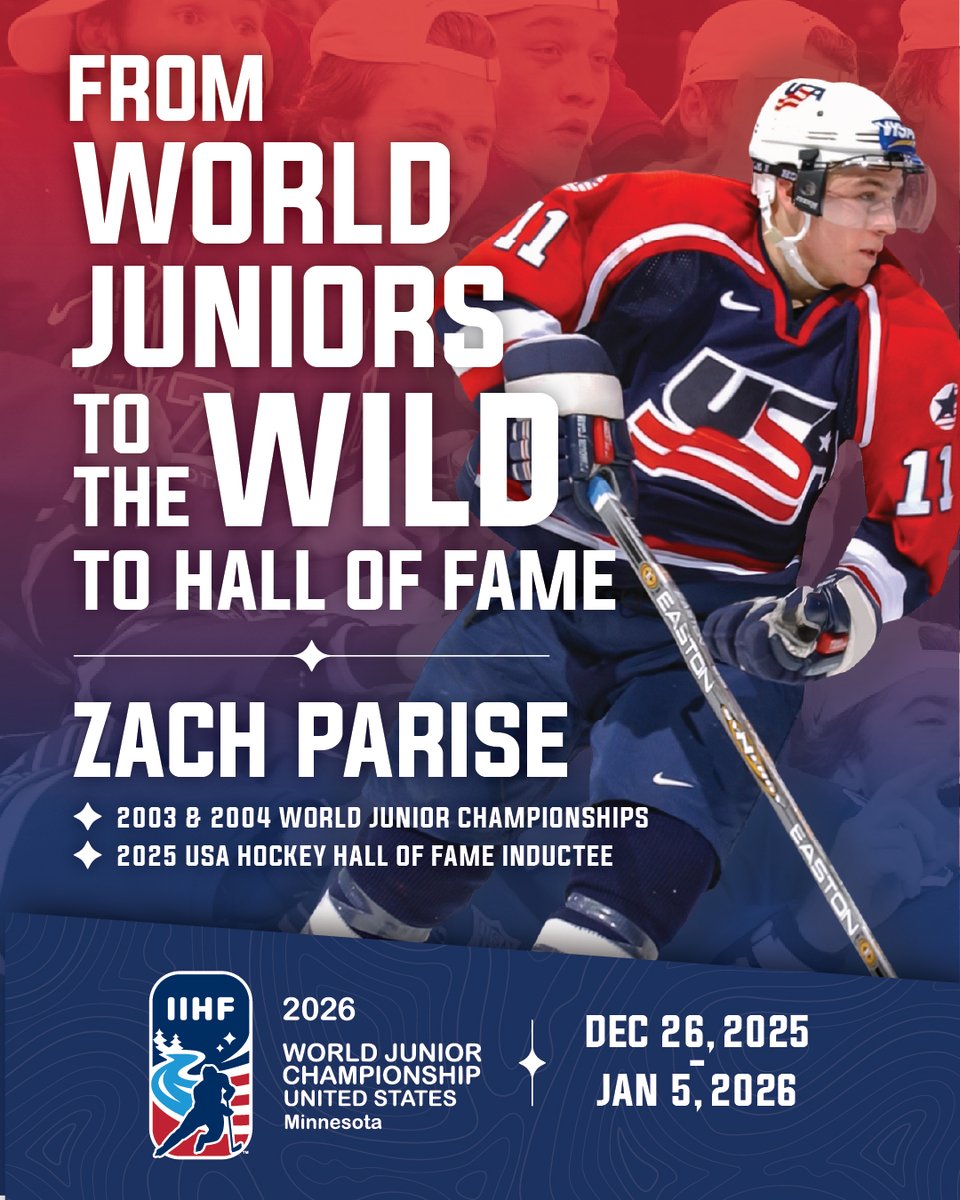 Today, we celebrate Zach Parise entering the U.S. Hockey Hall of Fame 🏒 

Before he was a Wild legend, Parise wore the red, white &amp; blue 🇺🇸 

Get your tix now to cheer on USA and see the next generation take the ice at the World Juniors!

🎟️: WorldJuniorsMN26.com