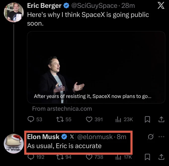 📉KOBEISSI: Elon Musk annuncia la quotazione in borsa di SpaceX.