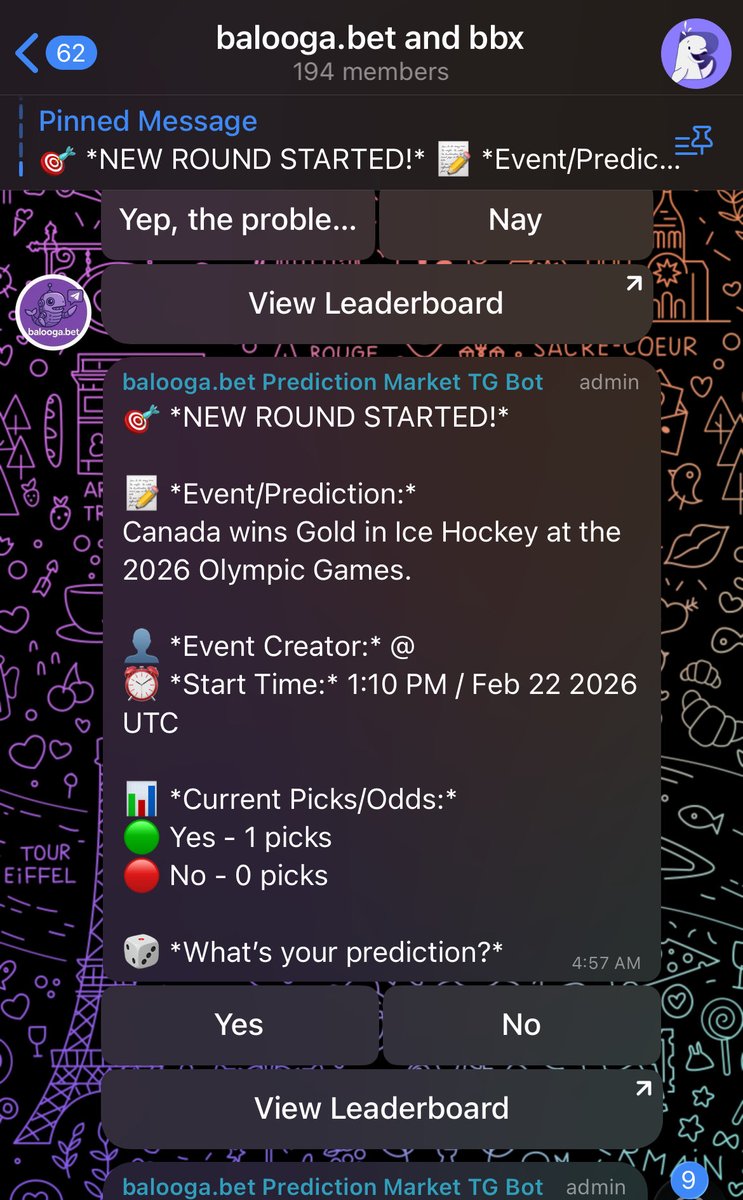New events are up in our telegram group! 

Head over there and make your picks @

t.me/+H2gqfeJI-bxiY…

#jakepaul #problemchild #predictionmarket #olympics #hockey #nyc