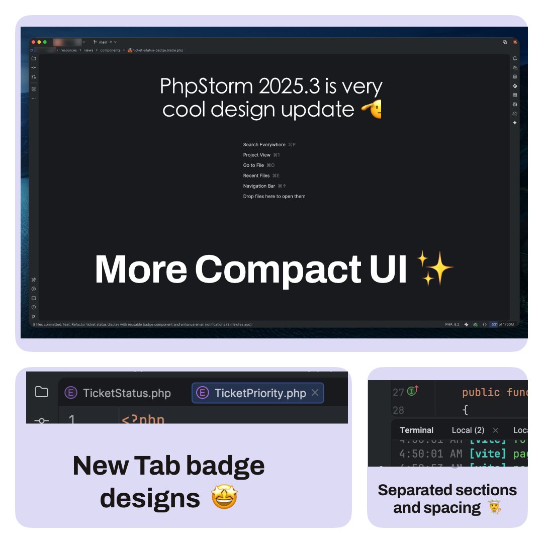 lileshjadav's tweet image. .@pronskiy @phpstorm This new 2025.3 PhpStorm update is very cool,
It has a lot of small design updates which gives you refreshing feeling,
Appreciate this work done by team 👏@pronskiy

I can really feel you are truly moving to flat design direction and focus attention to code…