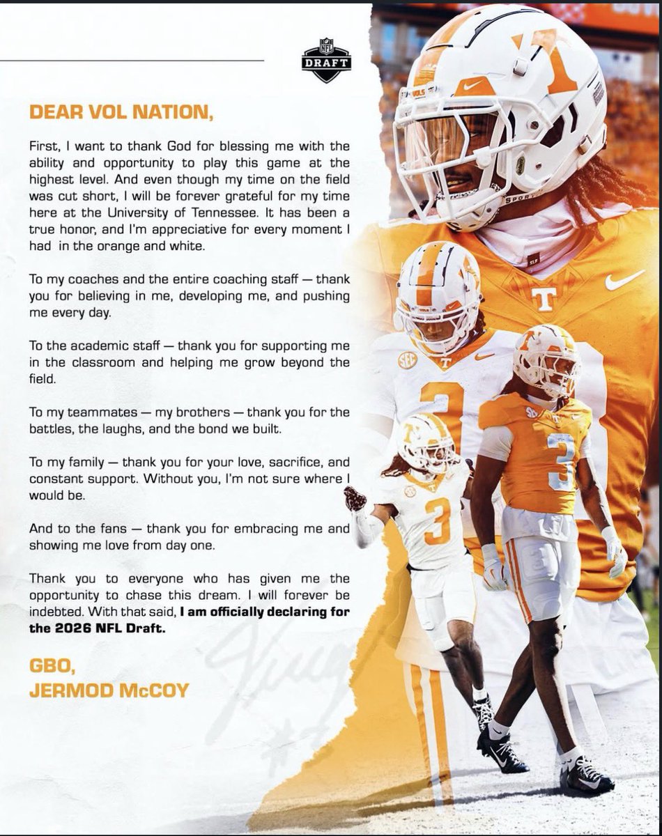 VolScoops's tweet image. BREAKING: Tennessee cornerback Jermod McCoy has declared for the 2026 NFL Draft 

“Even though my playing time was cut short, I will forever be grateful for my time here at the University of Tennessee. I’m appreciative for every moment I had in the Orange and White” 

VFL 🧡
