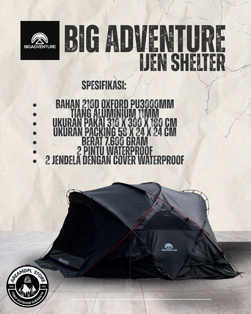 areamdpl's tweet image. Tenda Big Adventure ijen shelter kokoh.
Anti hujan PU3000mm.
Rangka aluminium 11mm.
Ukuran besar, siap hadapi cuaca ekstrem.
IJEN Shelter. ✅
Tersedia di @areamdpl