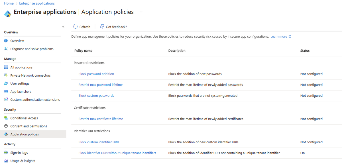 reprise_99's tweet photo. Great to see the new user experience being rolled out for managing application policies in Entra. Deploying controls to securely manage credentials across your applications & service principals is one of the most important things you can do as a defender. Previously it required accessing API's directly, so having an intuitive interface is a huge win.

Go check it out and start securing those apps