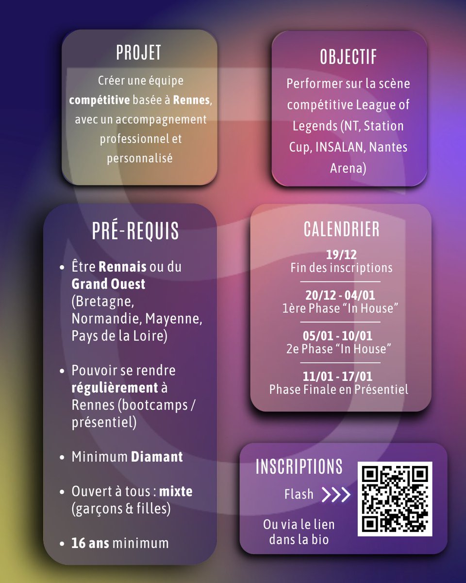 🚨 Les copains de chez Station35 ouvrent une détection afin de construire un projet 100% Rennais pour le Nexus Tour 2026 !

✅ Les conditions :
- Être Rennais ou Grand Ouest (Bretagne, Normandie, Mayenne, Pays de la Loire)
- Pouvoir venir régulièrement à Rennes
- Diamant IV