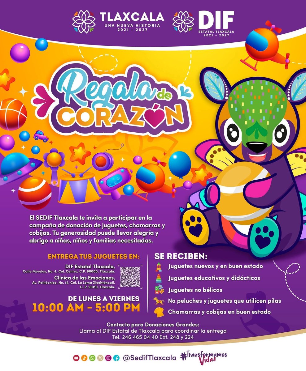 ¡Regala alegría y abrigo! 💜✨
Súmate a la campaña #RegalaDeCorazón y ayuda a llevar sonrisas a niñas, niños y familias que más lo necesitan. 🧸🧥❄️
Puedes donar juguetes nuevos o en buen estado, educativos, no bélicos, así como chamarras y cobijas.

#TransformamosVidas
