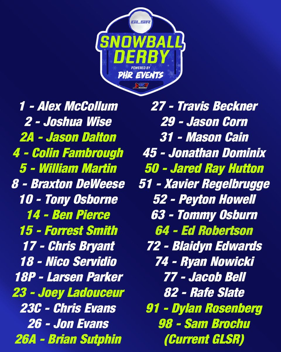 We are just hours away from the green flag for tonight's race! Here's the final entry list for the inaugural GLSR Snowball Derby Powered by PHR Events. Keep an eye on the current GLSR drivers, but don't ignore the rest of the field! Tune in at 9 PM EST on HMS TV!
