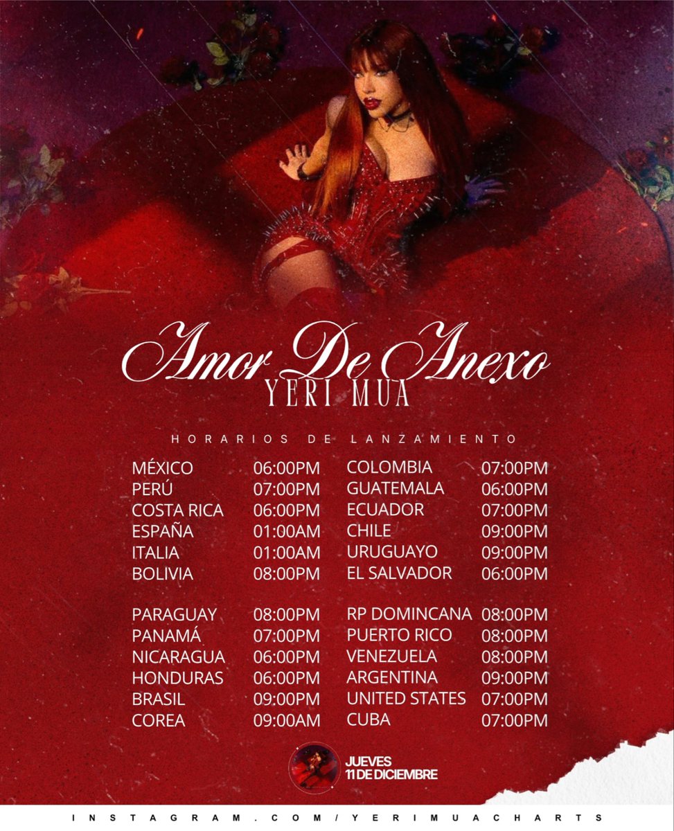 “Amor De Anexo” de @YeriMua estará disponible en 24 horas, aquí te dejamos los horarios de estreno. ❤️‍🔥🥀

Pre-Save: forms.sonymusicfans.com/campaign/yerim…