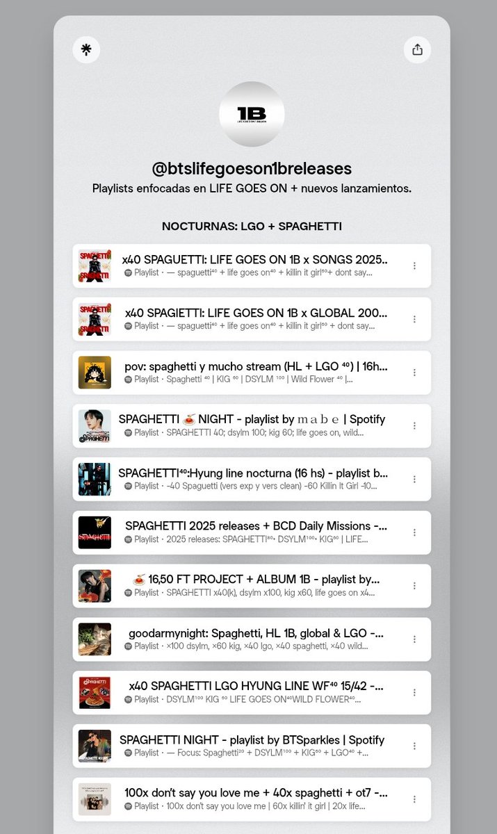 btslifegoeson1b's tweet image. — ARMY, acaba de comenzar un nuevo día de rastreo en Spotify. En este link podrás encontrar diversas playlists enfocadas en LIFE GOES ON + SPAGHETTI + KIG y más lanzamientos. 💜💥

🎧: (linktr.ee/btslifegoeson1b)

STREAM LIFE GOES ON TO 1B
#LifeGoesOnTo1B #StreamForBTS #BTS