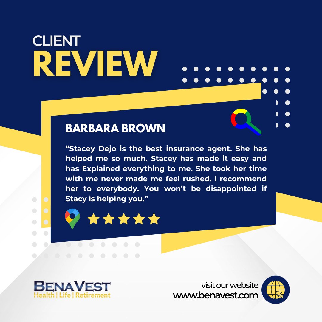 BenaVestIns's tweet image. Looking for a 🛡️ health insurance agent who truly cares?
💬 Barbara’s ⭐⭐⭐⭐⭐ review of Stacey Dejo says it all.
Clear, caring, and client-focused — that’s the BenaVest way.
📍 Personalized help starts here.
#HealthInsuranceHelp #InsuranceAgentSupport #ACAHelp #GoogleReview