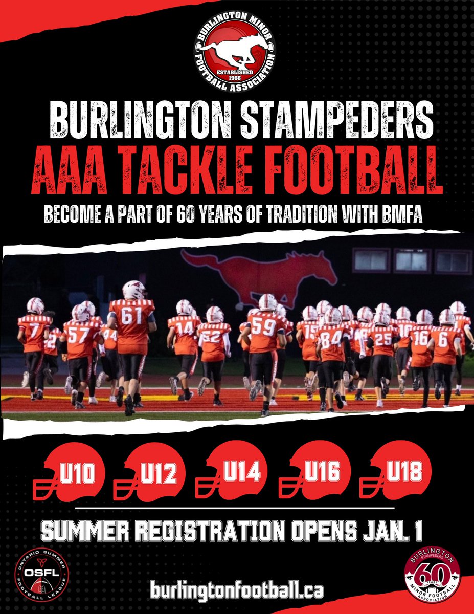 👀👀 Mark your calendars! 

Registration for summer tackle opens January 1 - and BMFA kicks off 60 years of football in Burlington!
.
.
.
.
#Burlington #BurlOn #Hamilton #FootballOntario #YouthFootball #HaltonFootball #Canada #OSFL