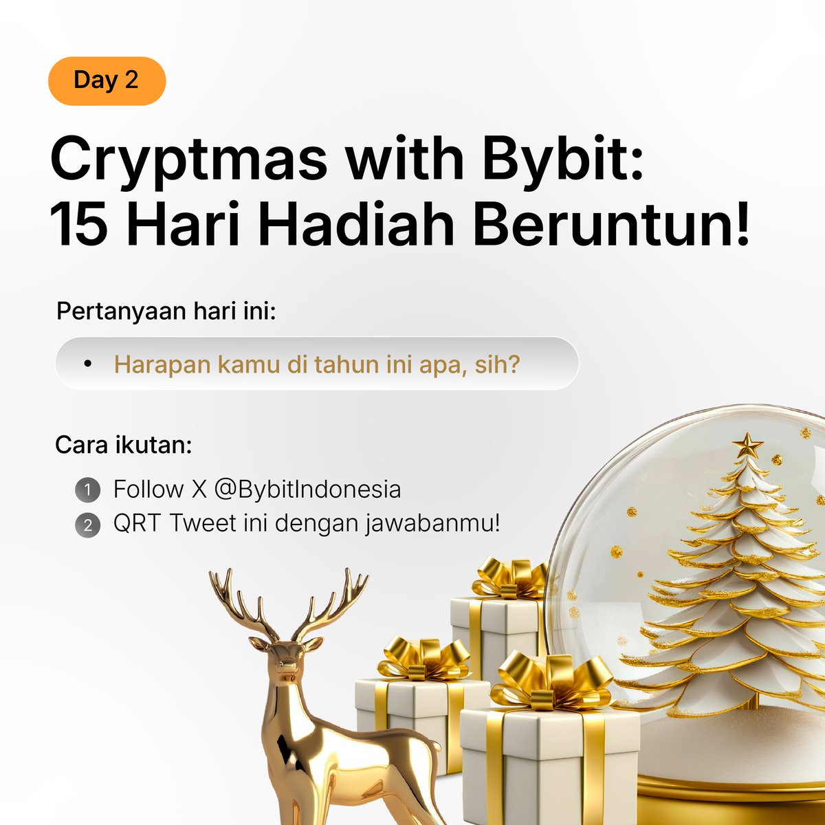 Bybit_ID's tweet photo. Cryptmas with Bybit: 15 Hari Hadiah Beruntun!   

Day 2: Harapan kamu di tahun ini dan tahun depan apa, sih?  

QRT tweet ini untuk jawaban kamu! Ada 10 USDT untuk 1 pemenang yang beruntung~   

Pemenang akan diumumkan malam ini pukul 21.00 WIB! https://t.co/PGv89HToOk