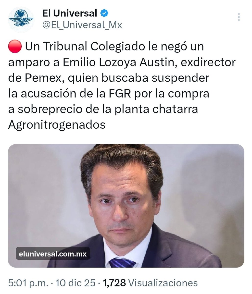 catrina_nortena's tweet photo. #ULTIMAHORA 
🚨 TIEMBLA Emilio Lozoya

El Nuevo Poder Judicial del Pueblo le negó un Amparo con el que buscaba suspender el juicio que tiene por comprar a un sobreprecio de 475 MDP la planta chatarra Agronitrogenados del empresario Prianista Alonso Ancira.

Por lo que podría ir otra vez a la cárcel en cualquier momento...