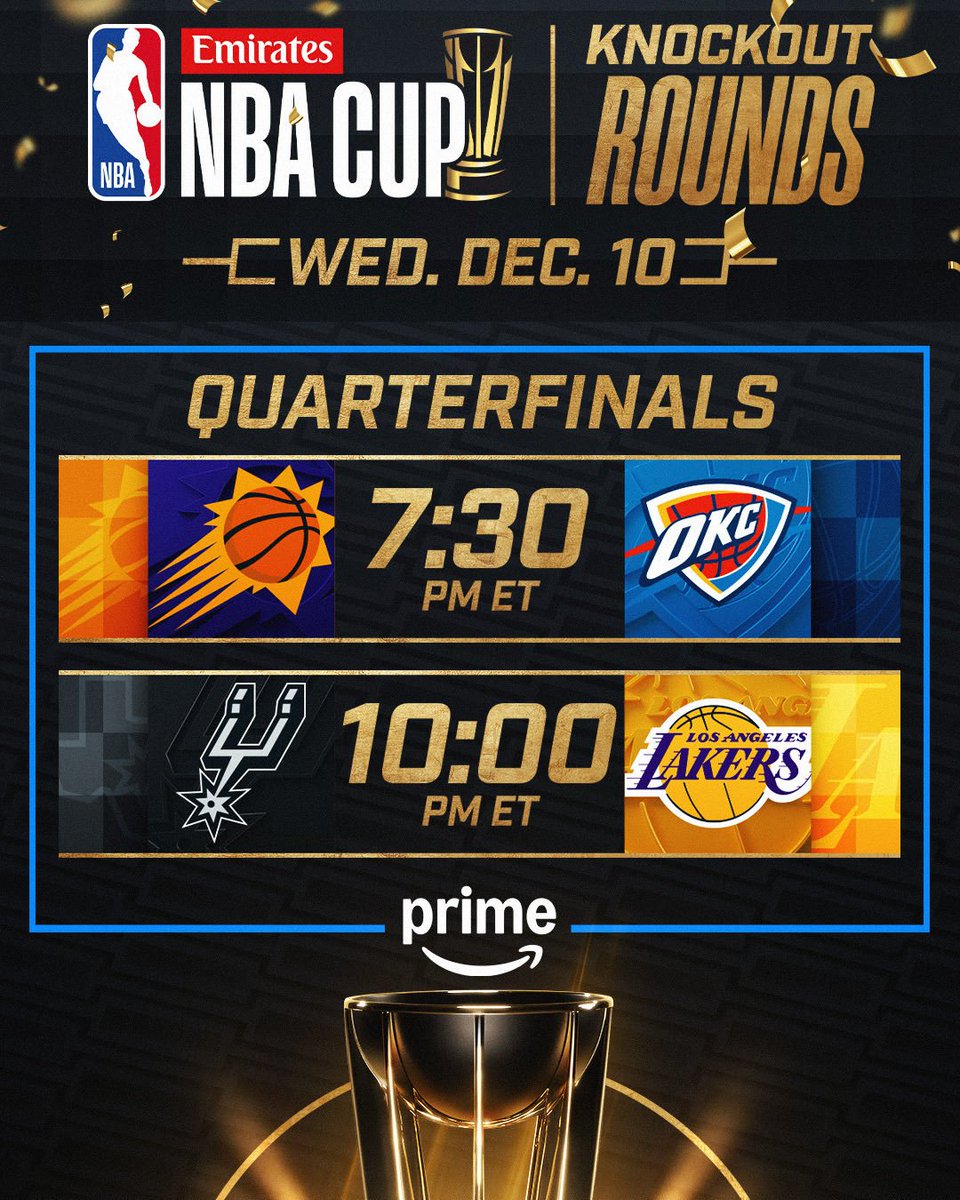 LA NBA CUP VIAJA AL OESTE. 

Hoy tenemos una noche divertida de partidos, con especial atención al Spurs-Lakers (04h) en el que no estará aún Wembanyama. 

¿Podrán los Suns (sin Booker) con los imparables Thunder?